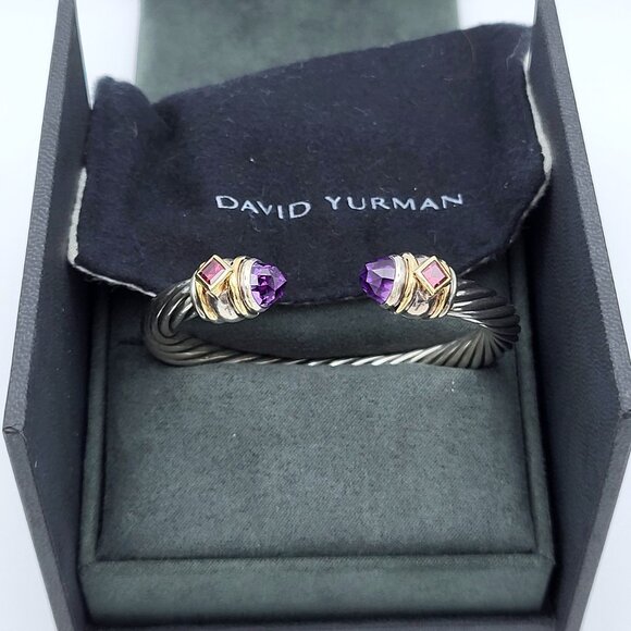 David Yurman 7mm Rennaissance Cable Amethyst & Garnet Bangle Cuff .925 & 14kt - Picture 10 of 10